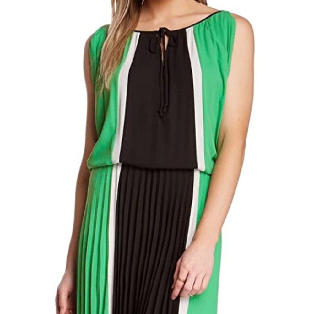 BCBGMaxazria Women's Dress S Green Black White Iona Shoulder Slits Chiffon